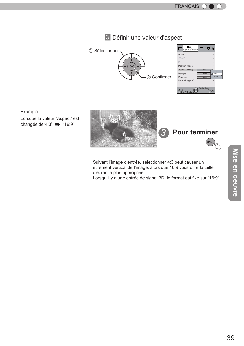 Mise en oeuvre, Pour terminer, Français | Confirmer ① sélectionner | JVC DLA-X90 User Manual | Page 135 / 289