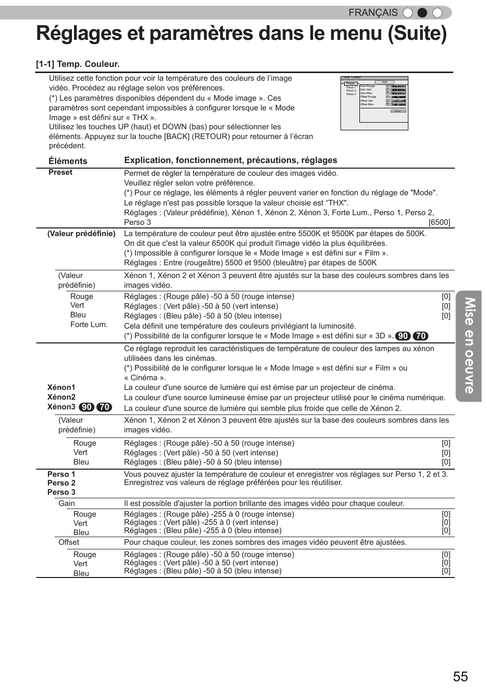 Réglages et paramètres dans le menu (suite), Mise en oeuvre, Français | JVC DLA-X90 User Manual | Page 151 / 289