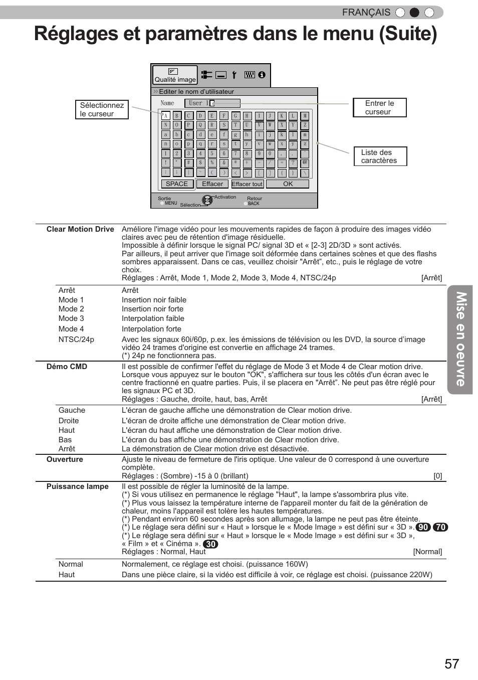 Réglages et paramètres dans le menu (suite), Mise en oeuvre, Français | JVC DLA-X90 User Manual | Page 153 / 289