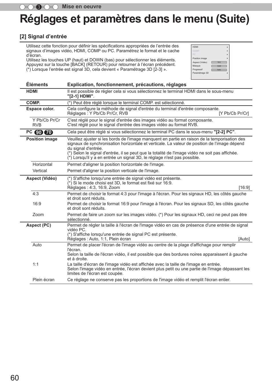 Réglages et paramètres dans le menu (suite), Mise en oeuvre 3, 2] signal d’entrée | JVC DLA-X90 User Manual | Page 156 / 289