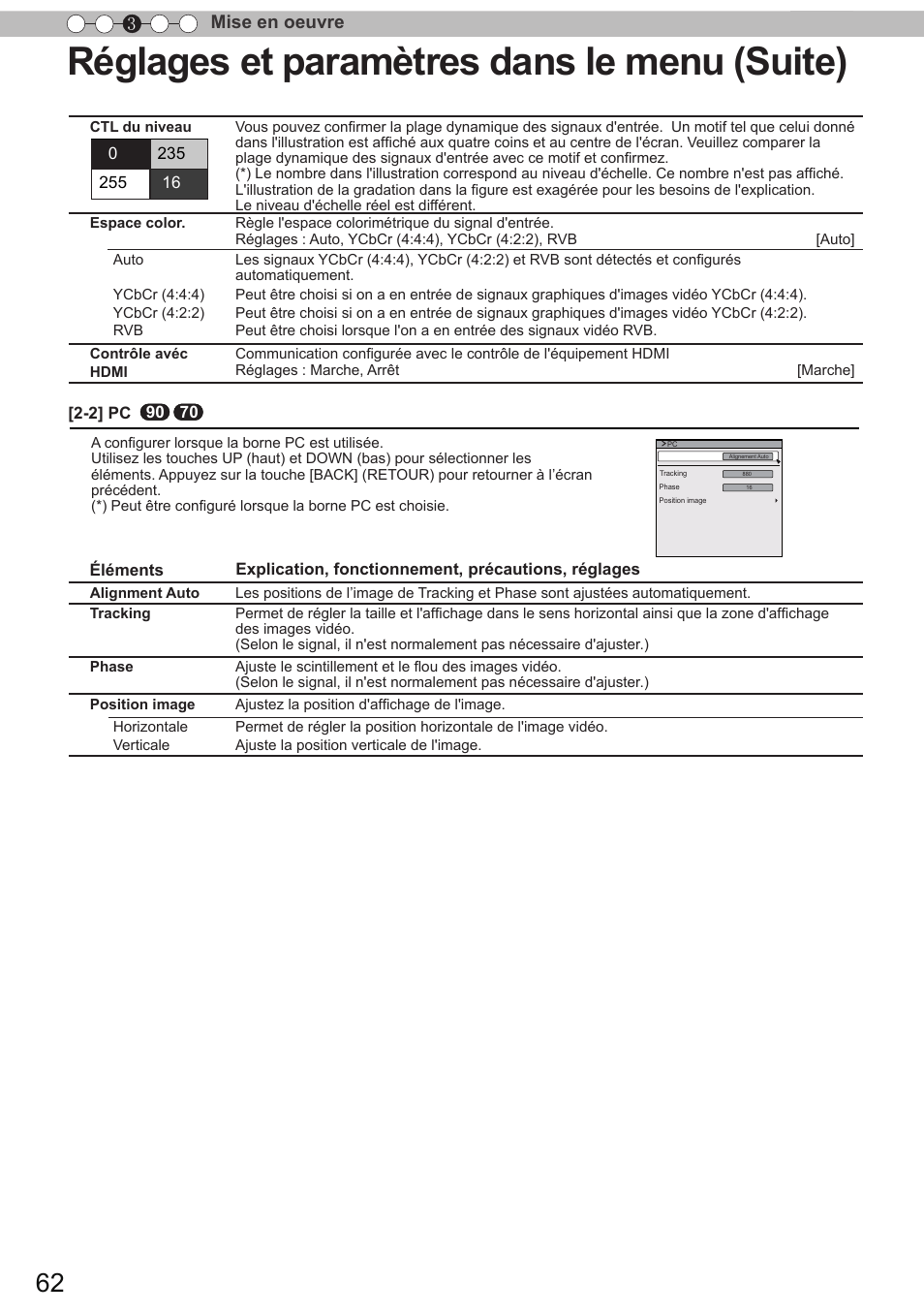 Réglages et paramètres dans le menu (suite), Mise en oeuvre 3 | JVC DLA-X90 User Manual | Page 158 / 289