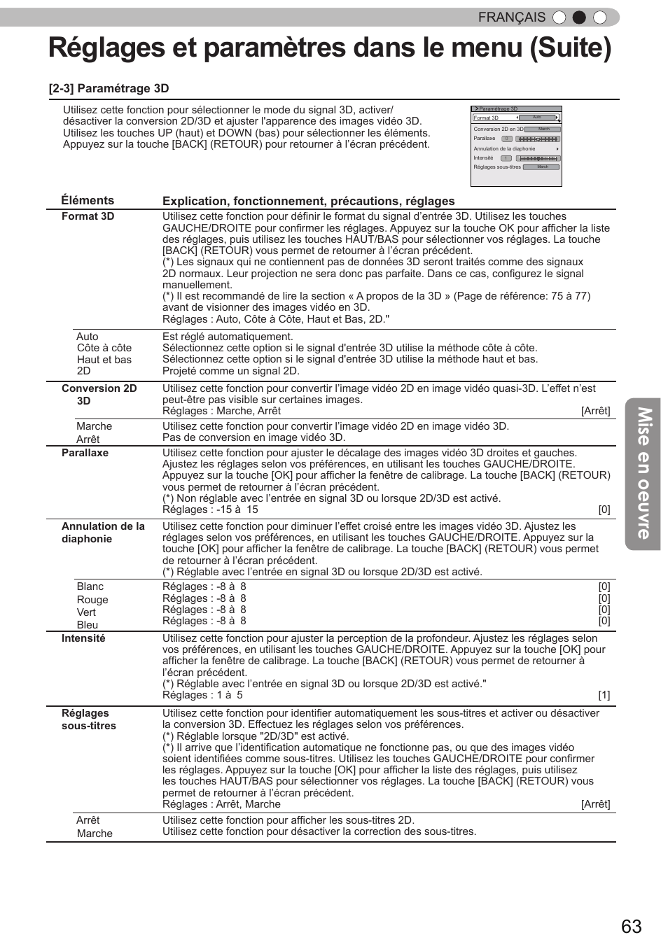 Réglages et paramètres dans le menu (suite), Mise en oeuvre, Français | JVC DLA-X90 User Manual | Page 159 / 289