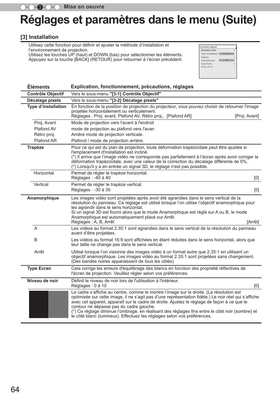 Réglages et paramètres dans le menu (suite), Mise en oeuvre 3, 3] installation | JVC DLA-X90 User Manual | Page 160 / 289