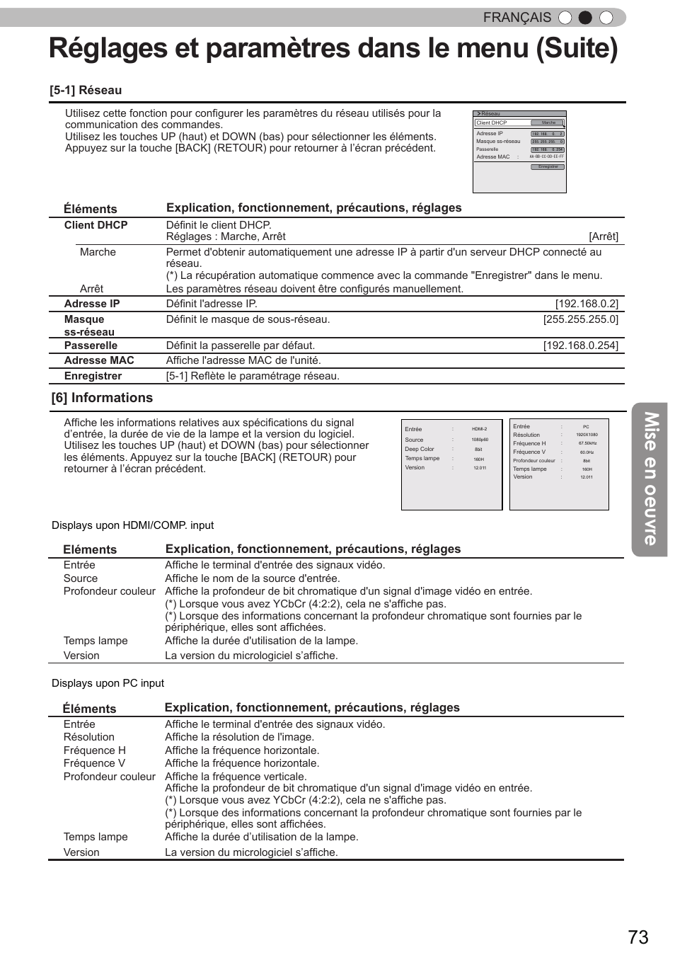Réglages et paramètres dans le menu (suite), Mise en oeuvre, Français | 6] informations, 1] réseau, Explication, fonctionnement, précautions, réglages | JVC DLA-X90 User Manual | Page 169 / 289