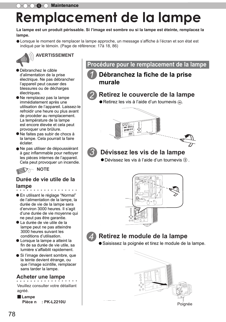 Remplacement de la lampe, Procédure pour le remplacement de la lampe, Retirez le module de la lampe | Débranchez la fiche de la prise murale | JVC DLA-X90 User Manual | Page 174 / 289
