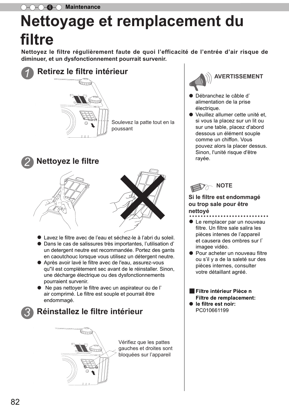 Nettoyage et remplacement du filtre, Retirez le filtre intérieur, Nettoyez le filtre | Réinstallez le filtre intérieur | JVC DLA-X90 User Manual | Page 178 / 289