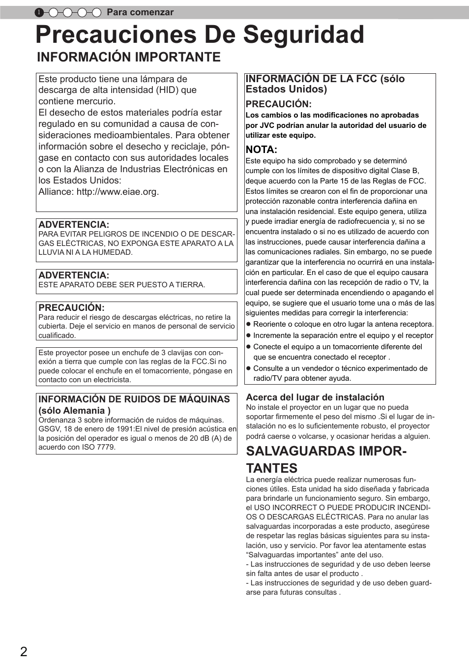 Precauciones de seguridad, Información importante, Salvaguardas impor- tantes | Información de la fcc (sólo estados unidos), Nota | JVC DLA-X90 User Manual | Page 194 / 289