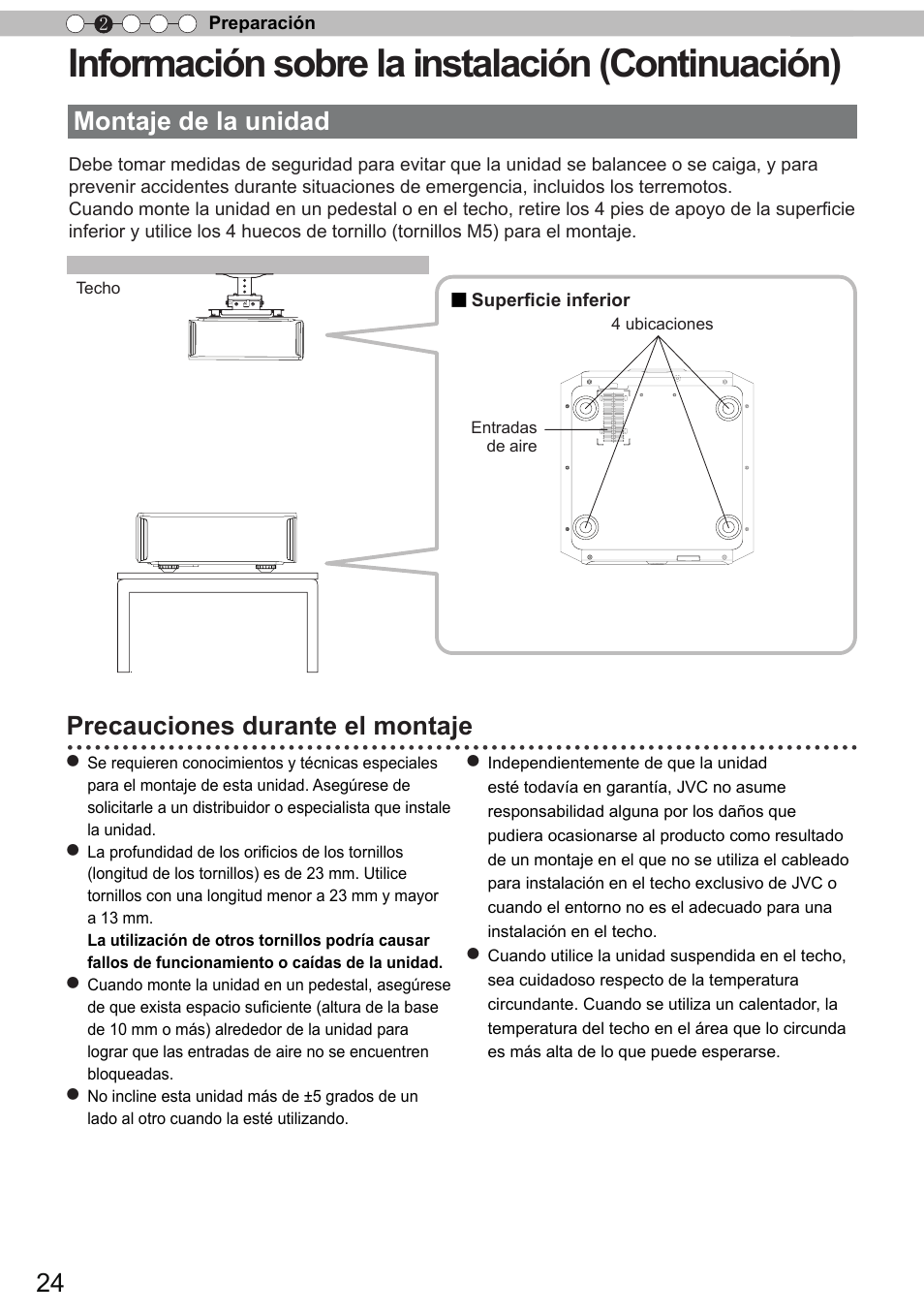 Información sobre la instalación (continuación), Montaje de la unidad, Precauciones durante el montaje | JVC DLA-X90 User Manual | Page 216 / 289