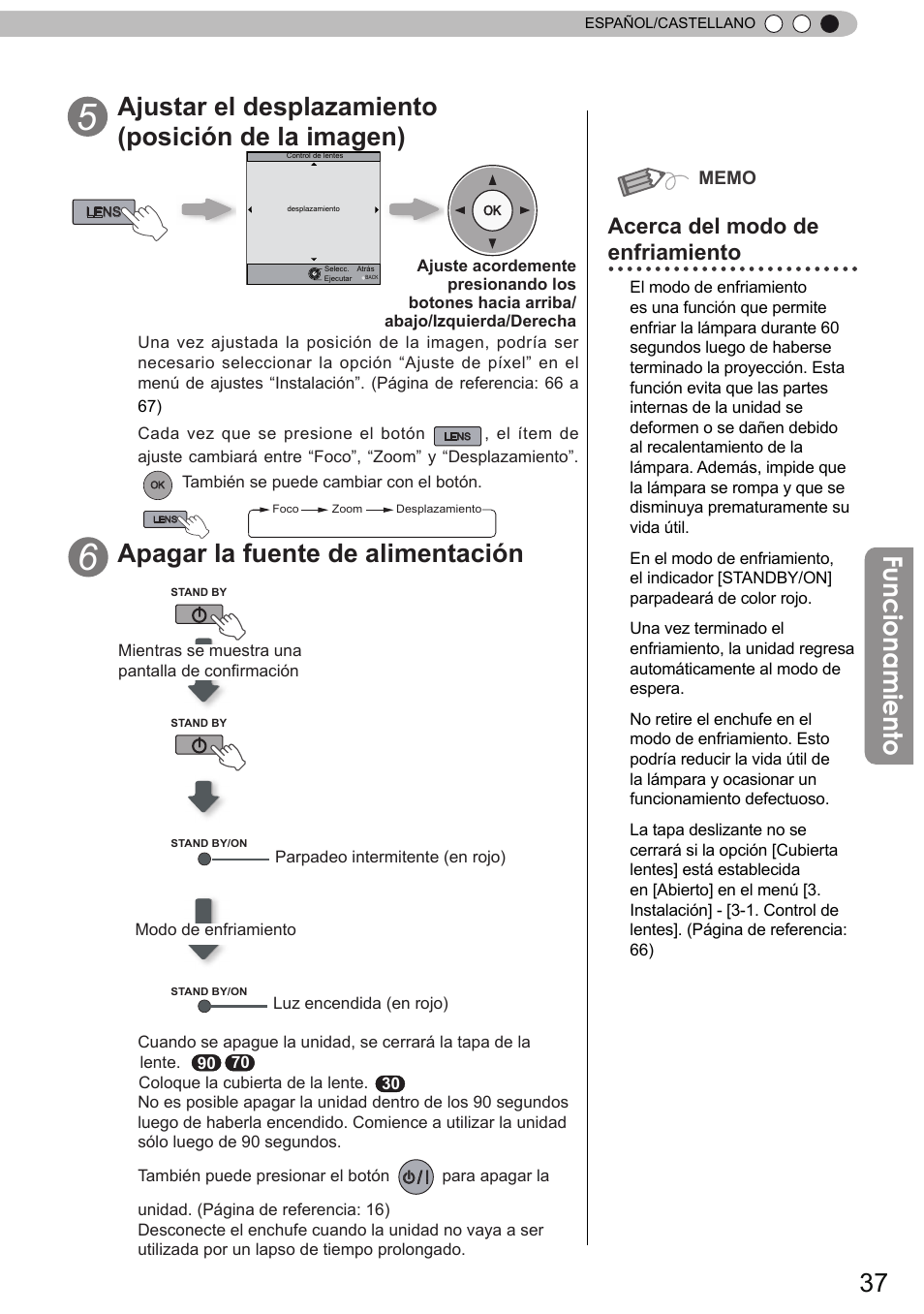 Funcionamiento, Ajustar el desplazamiento (posición de la imagen), Apagar la fuente de alimentación | Acerca del modo de enfriamiento | JVC DLA-X90 User Manual | Page 229 / 289