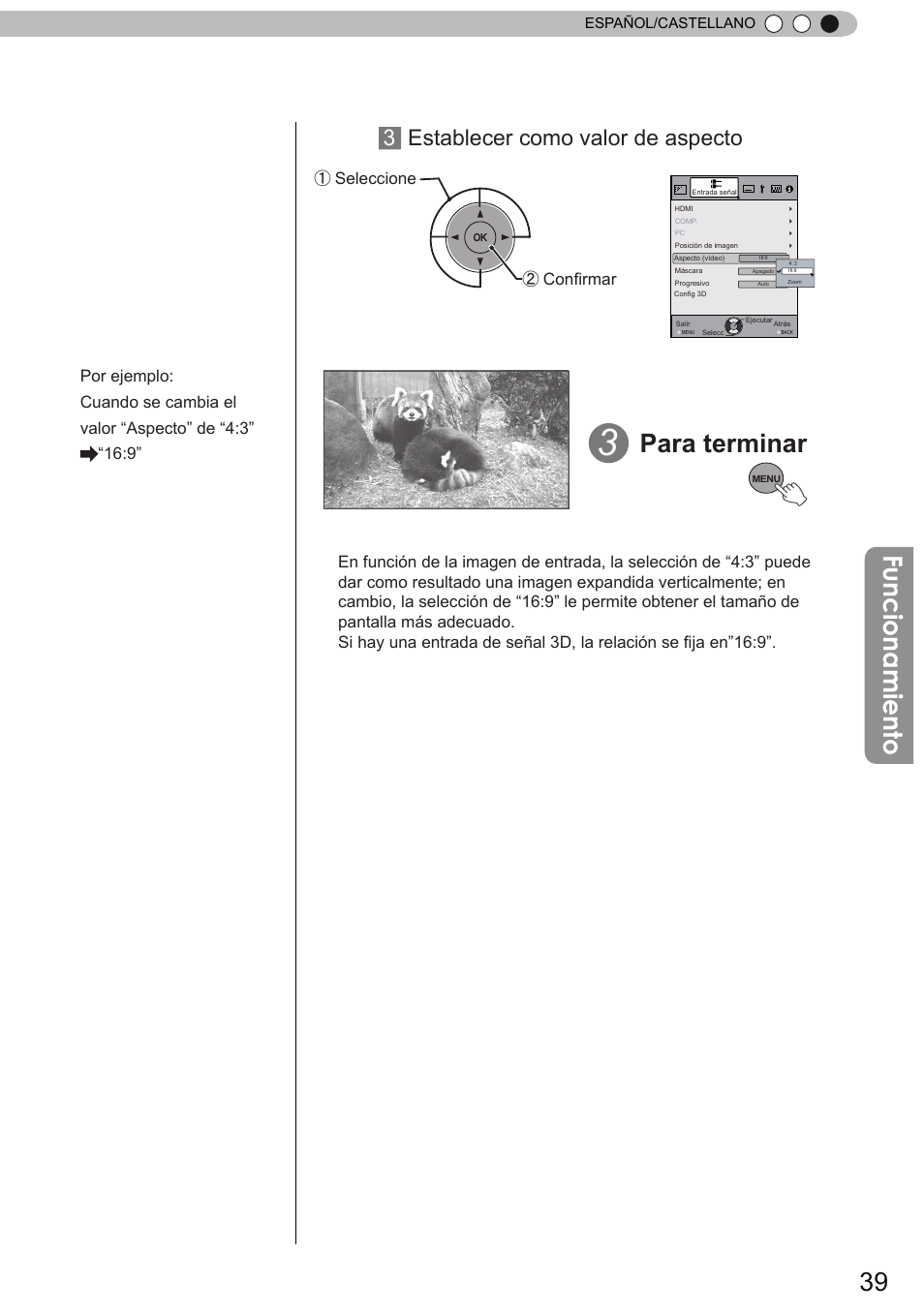 Funcionamiento, Para terminar, 3establecer como valor de aspecto | JVC DLA-X90 User Manual | Page 231 / 289