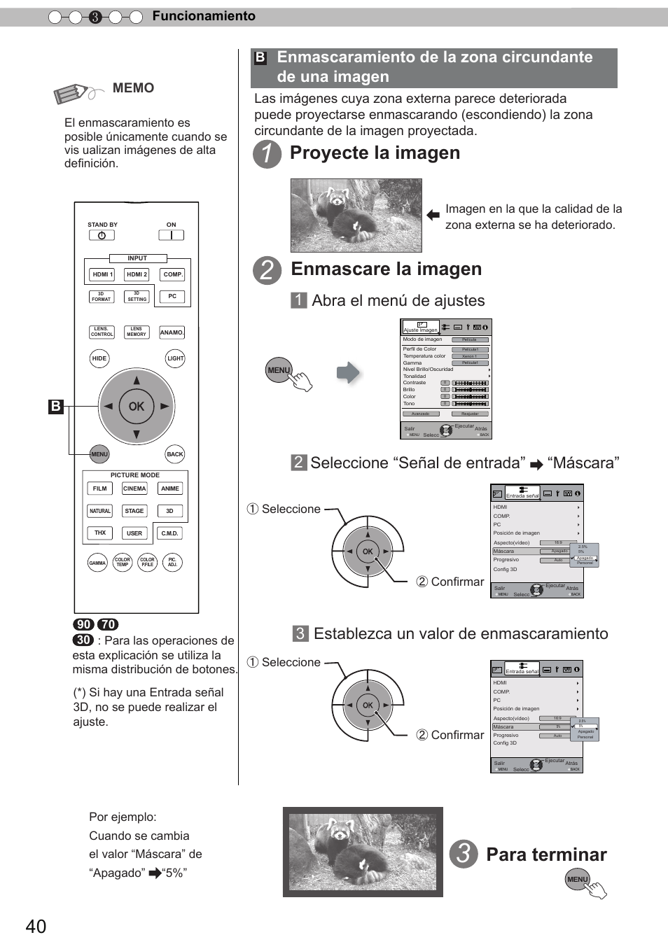 Enmascare la imagen, Para terminar, Proyecte la imagen | 1 abra el menú de ajustes 2, Seleccione “señal de entrada” “máscara, 3establezca un valor de enmascaramiento, Seleccione ① seleccione ② confirmar ② confirmar | JVC DLA-X90 User Manual | Page 232 / 289