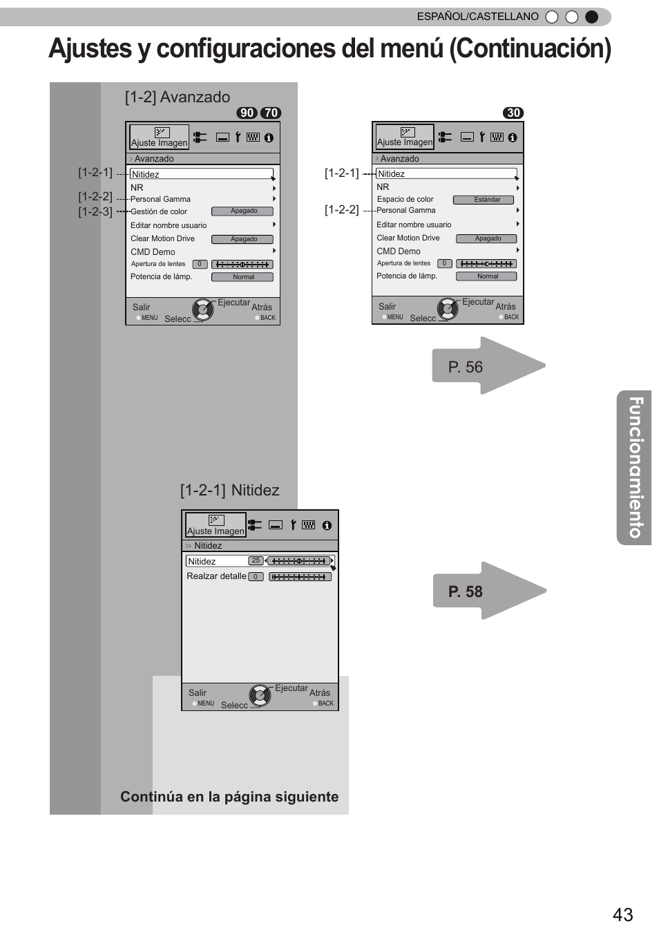 Ajustes y conﬁguraciones del menú (continuación), Funcionamiento, 2] avanzado | P. 56 p. 58, 2-1] nitidez, Continúa en la página siguiente | JVC DLA-X90 User Manual | Page 235 / 289