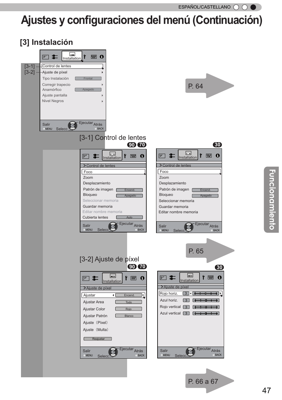Ajustes y conﬁguraciones del menú (continuación), Funcionamiento, 3] instalación | 1] control de lentes, 2] ajuste de píxel | JVC DLA-X90 User Manual | Page 239 / 289