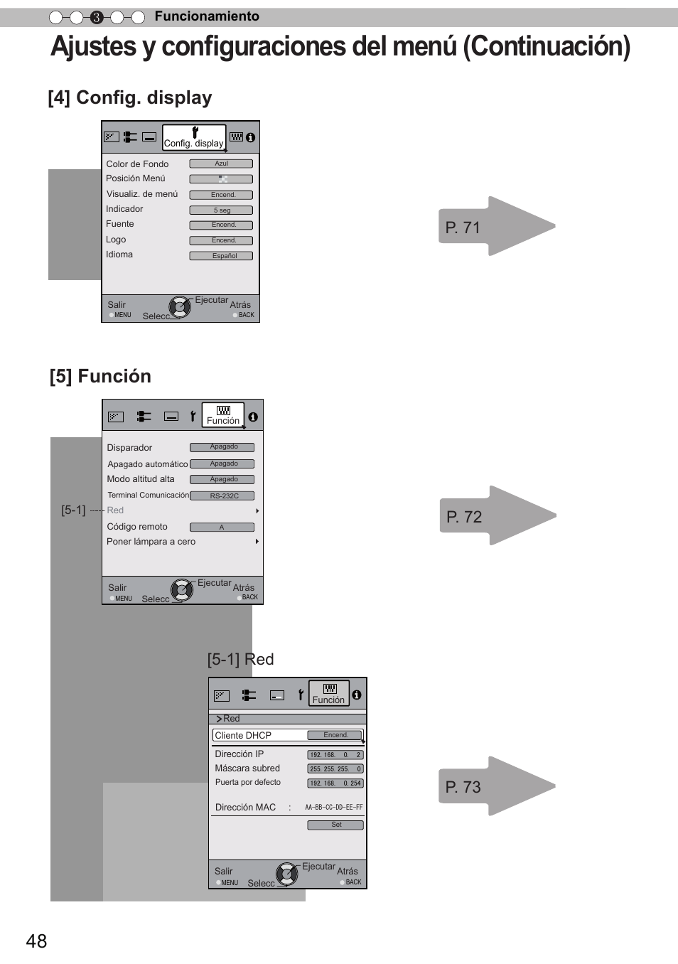 Ajustes y conﬁguraciones del menú (continuación), 4] conﬁg. display [5] función, 1] red | Funcionamiento 3 | JVC DLA-X90 User Manual | Page 240 / 289