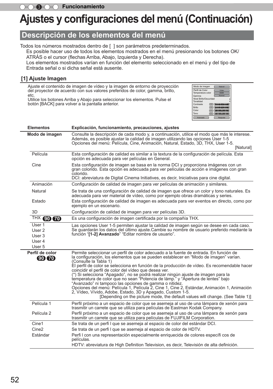 Ajustes y conﬁguraciones del menú (continuación), Descripción de los elementos del menú, Funcionamiento 3 | 1] ajuste imagen | JVC DLA-X90 User Manual | Page 244 / 289