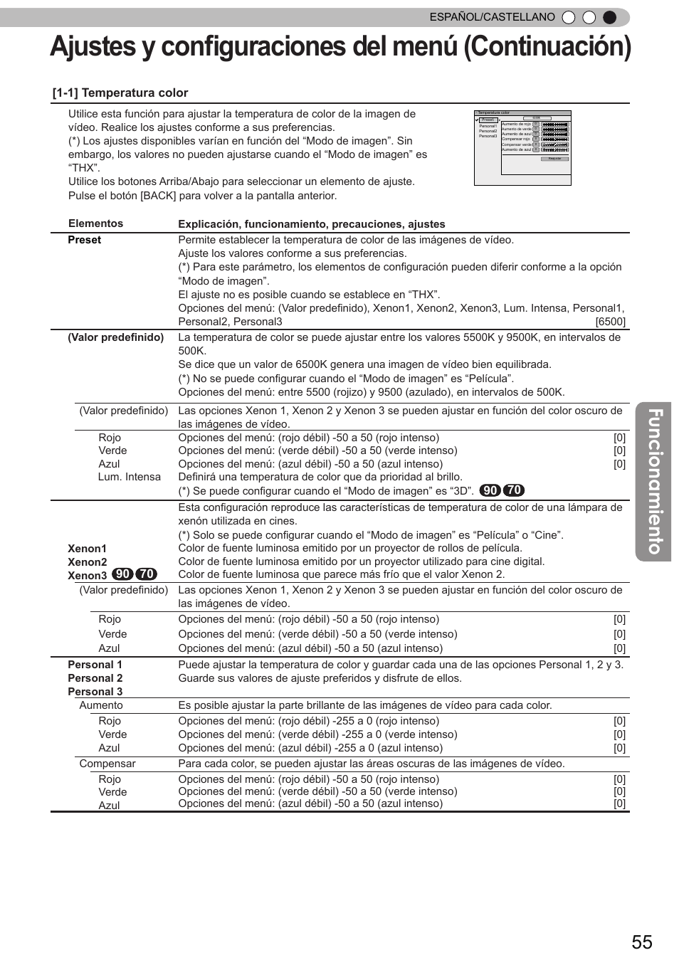 Ajustes y conﬁguraciones del menú (continuación), Funcionamiento | JVC DLA-X90 User Manual | Page 247 / 289