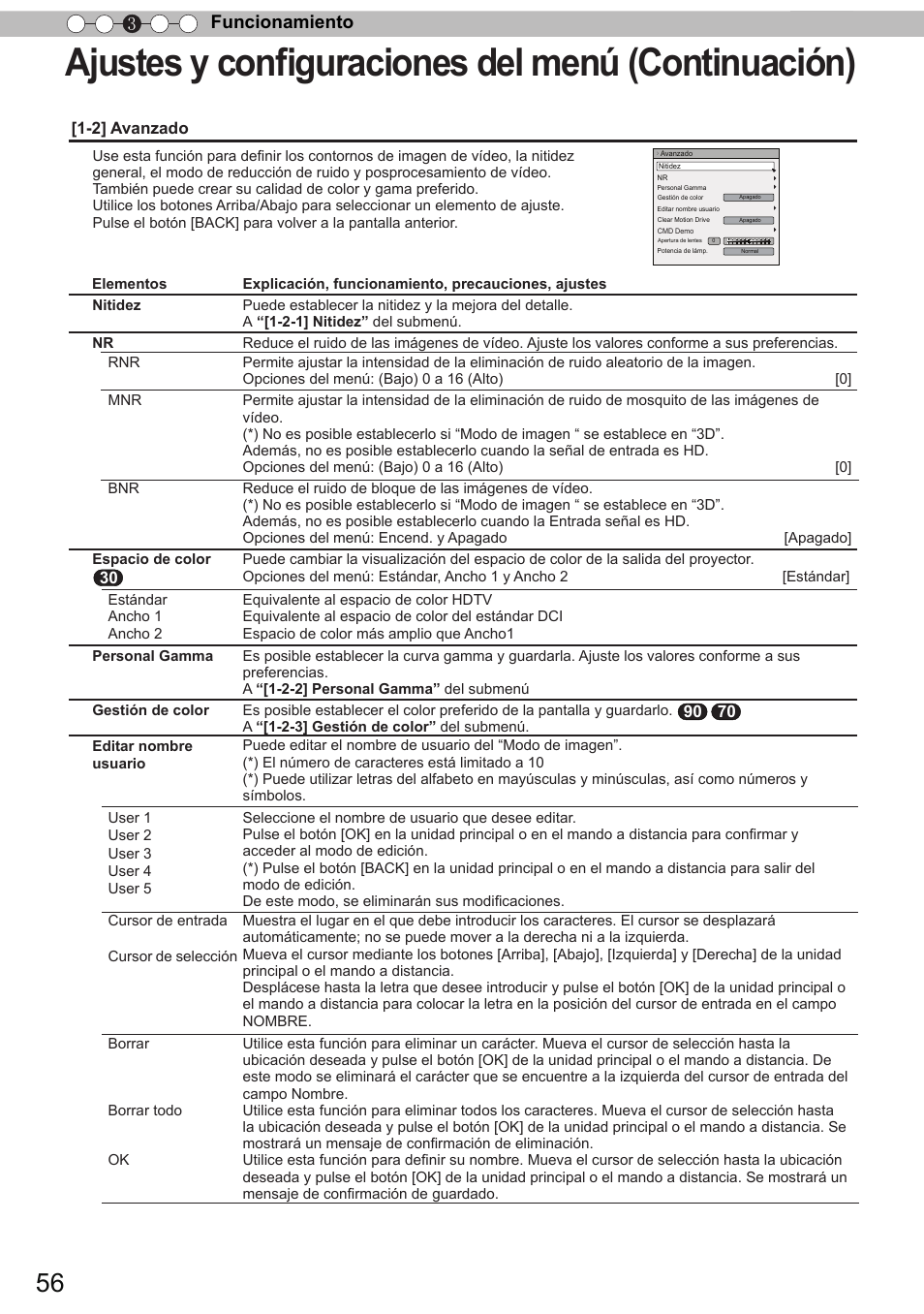 Ajustes y conﬁguraciones del menú (continuación), Funcionamiento 3 | JVC DLA-X90 User Manual | Page 248 / 289