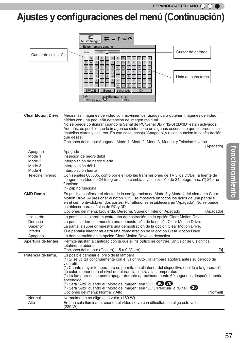 Ajustes y configuraciones del menú (continuación), Funcionamiento | JVC DLA-X90 User Manual | Page 249 / 289