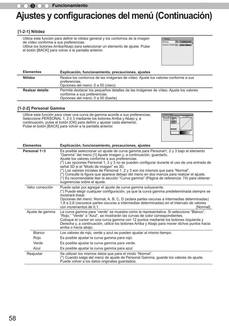 Ajustes y conﬁguraciones del menú (continuación), Funcionamiento 3, 2-1] nitidez | 2-2] personal gamma | JVC DLA-X90 User Manual | Page 250 / 289