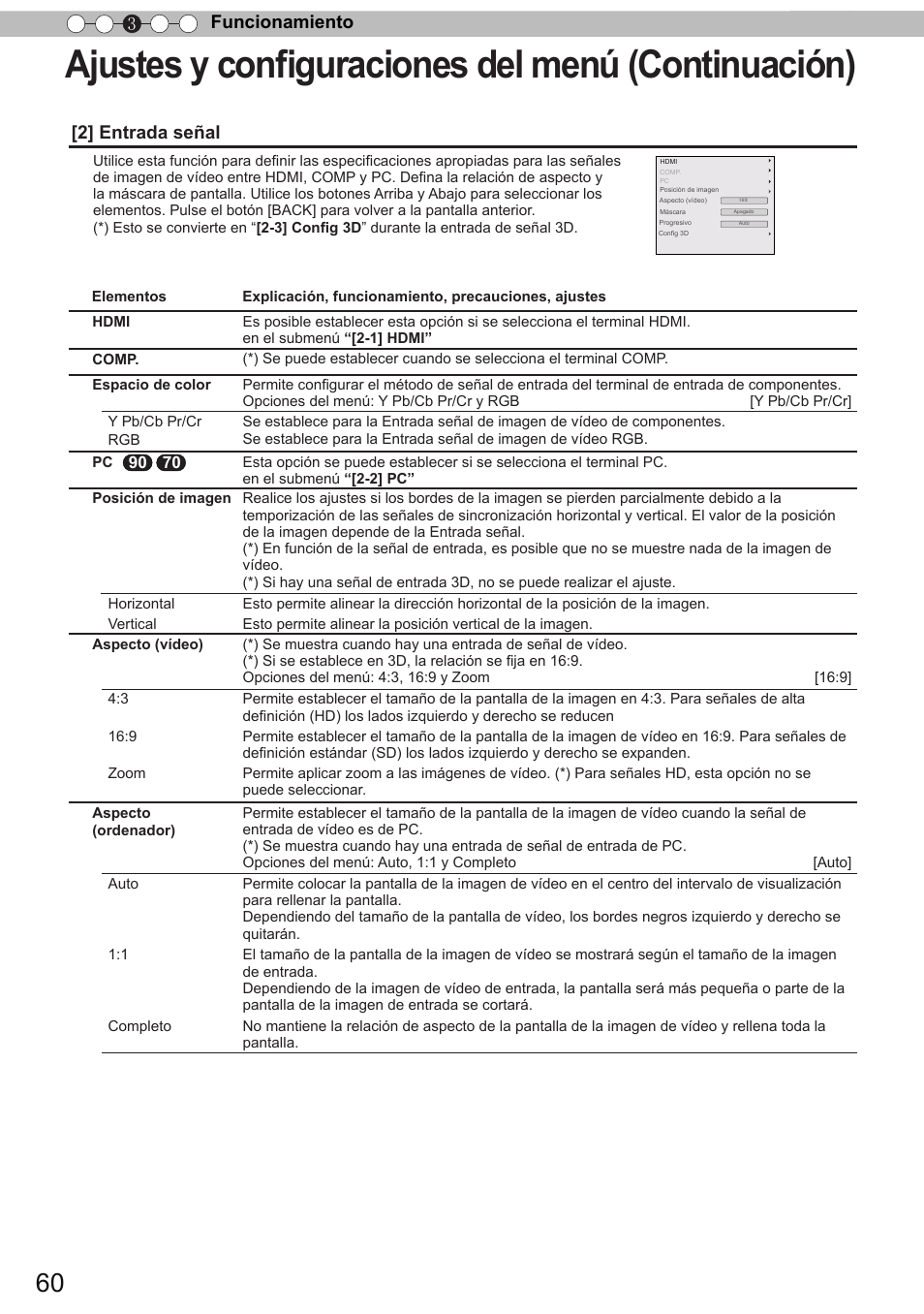 Ajustes y configuraciones del menú (continuación), Funcionamiento 3, 2] entrada señal | JVC DLA-X90 User Manual | Page 252 / 289