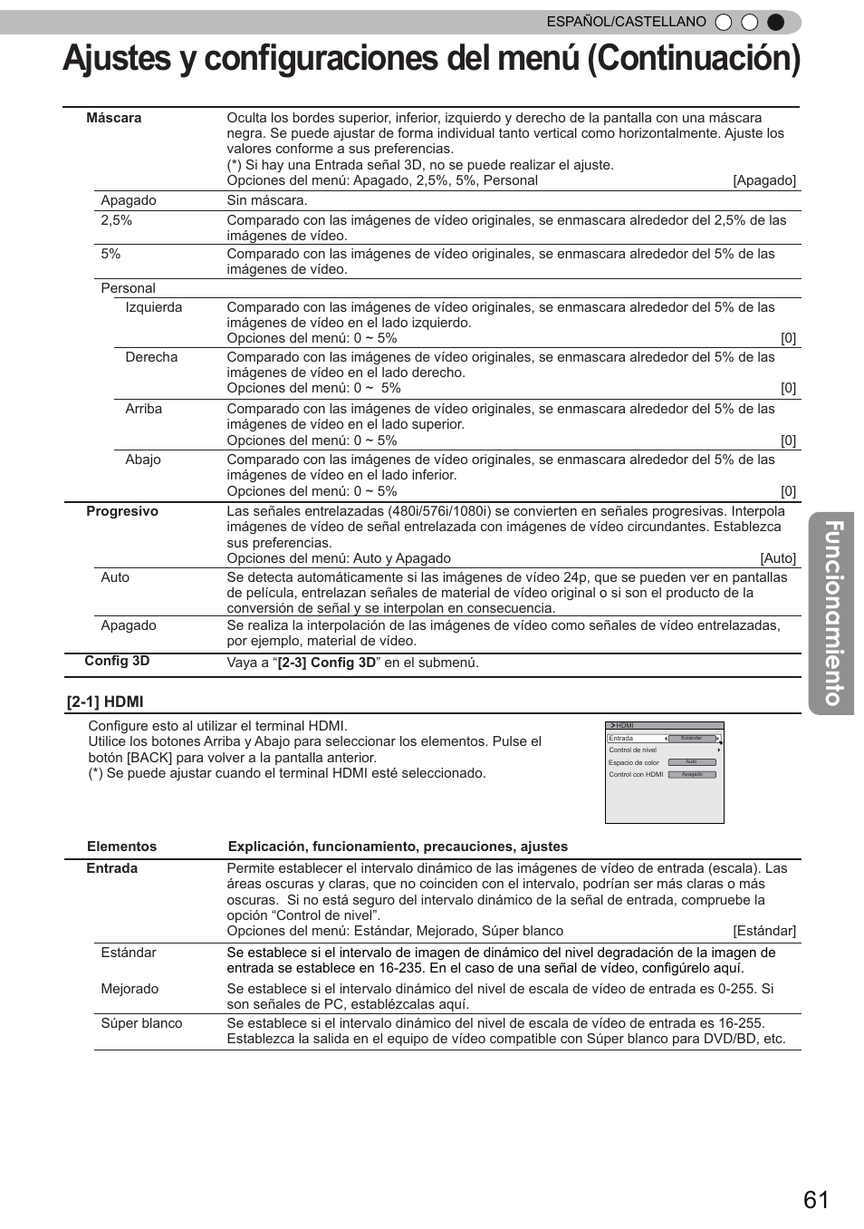 Ajustes y configuraciones del menú (continuación), Funcionamiento | JVC DLA-X90 User Manual | Page 253 / 289