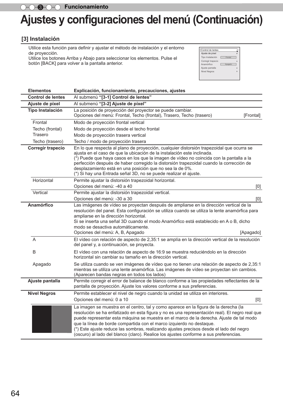 Ajustes y conﬁguraciones del menú (continuación), Funcionamiento 3 [3] instalación | JVC DLA-X90 User Manual | Page 256 / 289