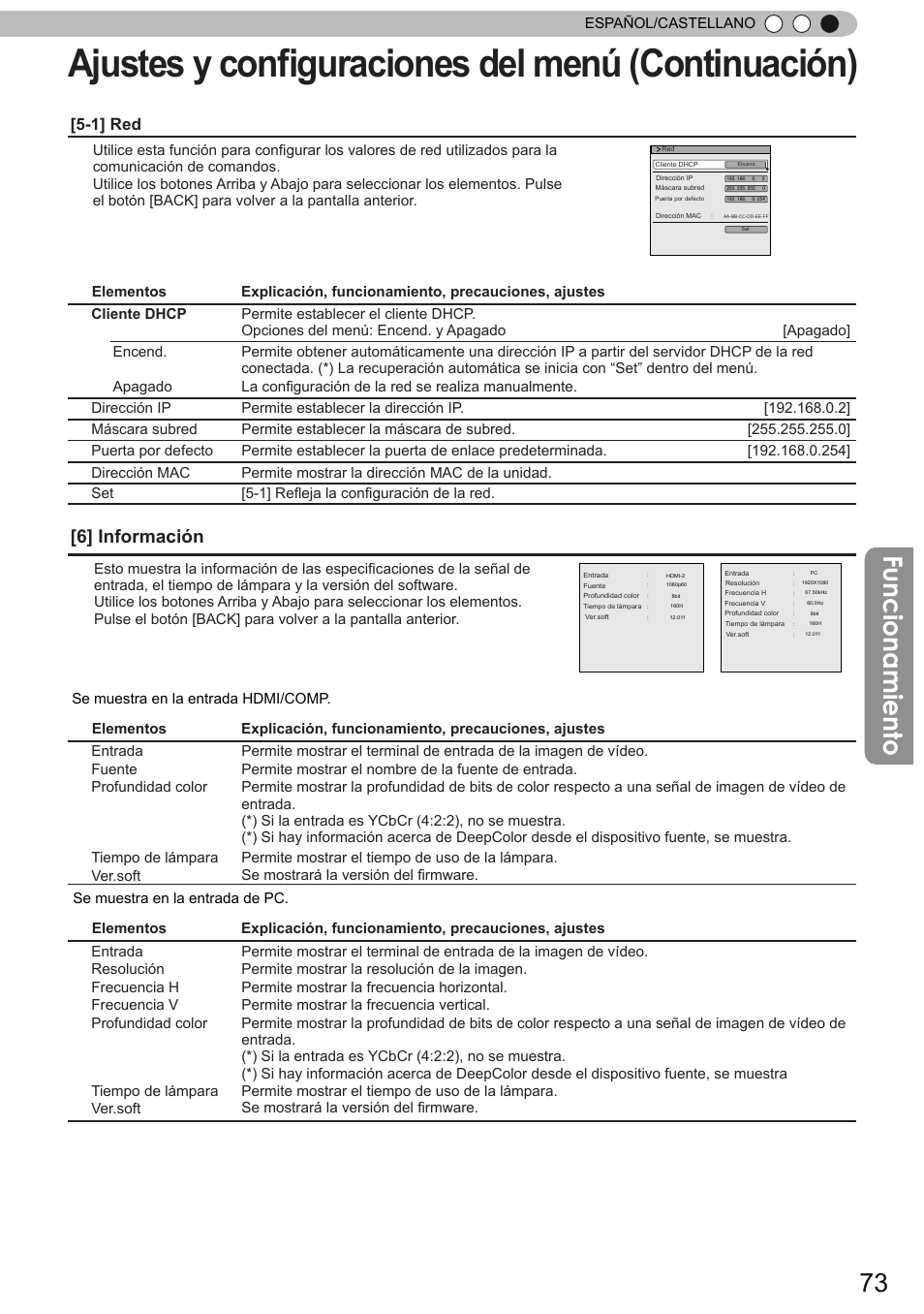 Ajustes y conﬁguraciones del menú (continuación), Funcionamiento, 6] información | 1] red | JVC DLA-X90 User Manual | Page 265 / 289