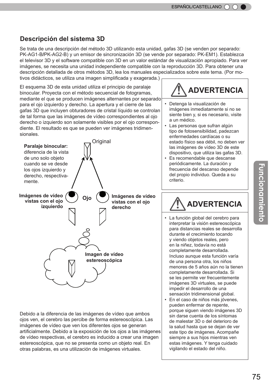 Funcionamiento, Advertencia, 立体映像 | Descripción del sistema 3d | JVC DLA-X90 User Manual | Page 267 / 289