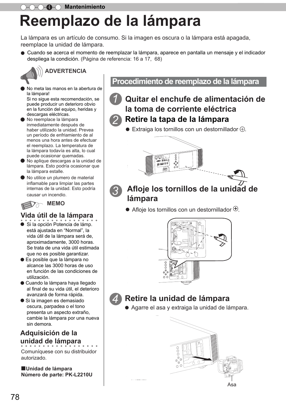 Reemplazo de la lámpara, Procedimiento de reemplazo de la lámpara, Retire la unidad de lámpara | JVC DLA-X90 User Manual | Page 270 / 289