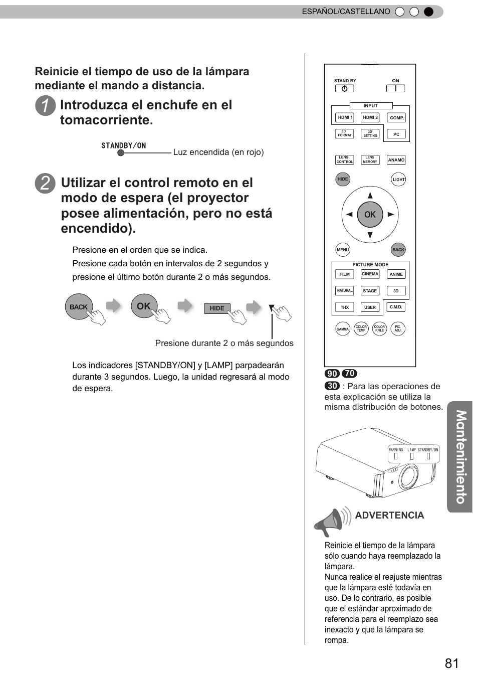 Man te nim ie nto, Introduzca el enchufe en el tomacorriente, Advertencia | JVC DLA-X90 User Manual | Page 273 / 289