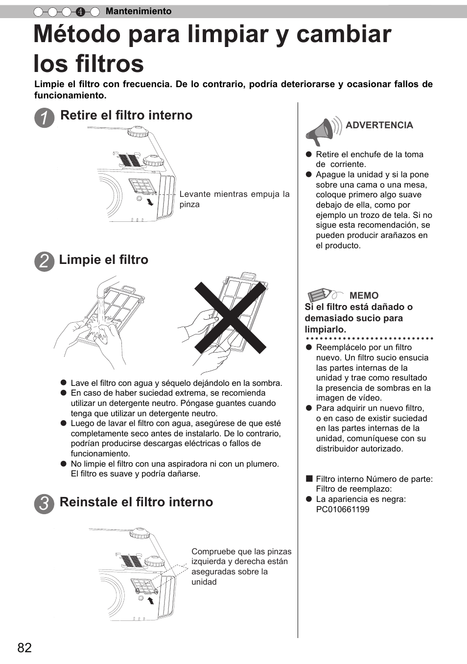 Método para limpiar y cambiar los filtros, Retire el filtro interno, Limpie el filtro | Reinstale el filtro interno | JVC DLA-X90 User Manual | Page 274 / 289