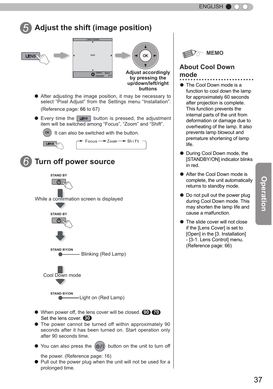 Adjust the shift (image position), Turn off power source, Operation | About cool down mode | JVC DLA-X90 User Manual | Page 37 / 289