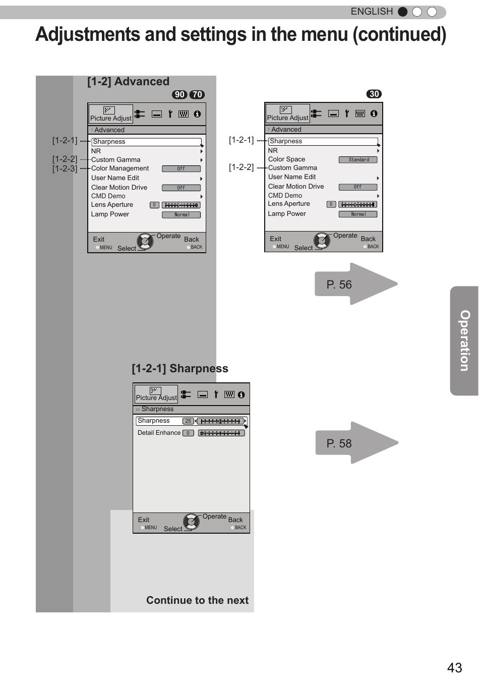 Adjustments and settings in the menu (continued), Operation, 2] advanced | P. 56 p. 58, 2-1] sharpness, Continue to the next, English | JVC DLA-X90 User Manual | Page 43 / 289