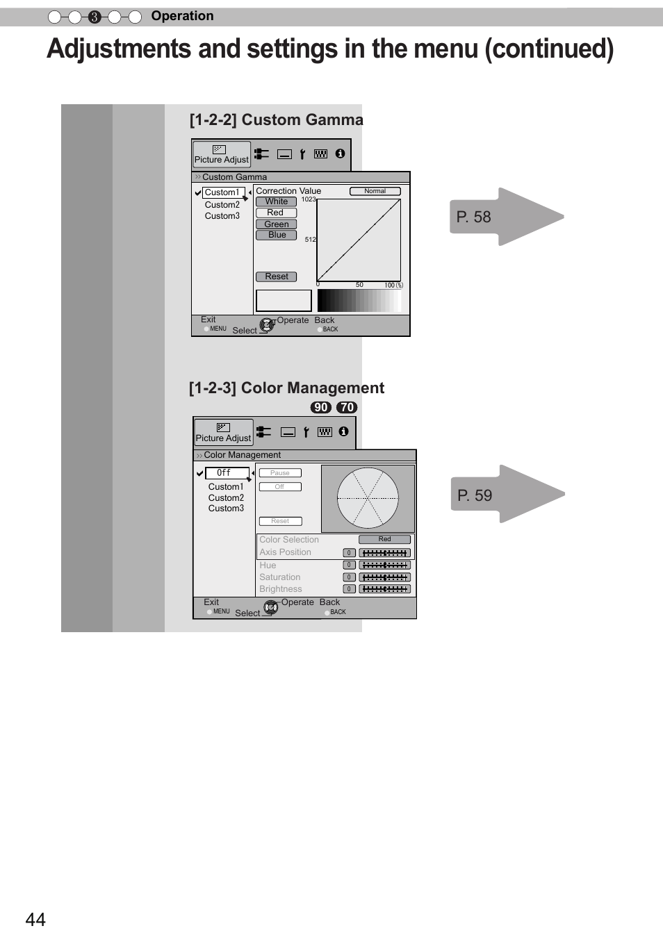 Adjustments and settings in the menu (continued), 2-3] color management, Operation 3 | JVC DLA-X90 User Manual | Page 44 / 289