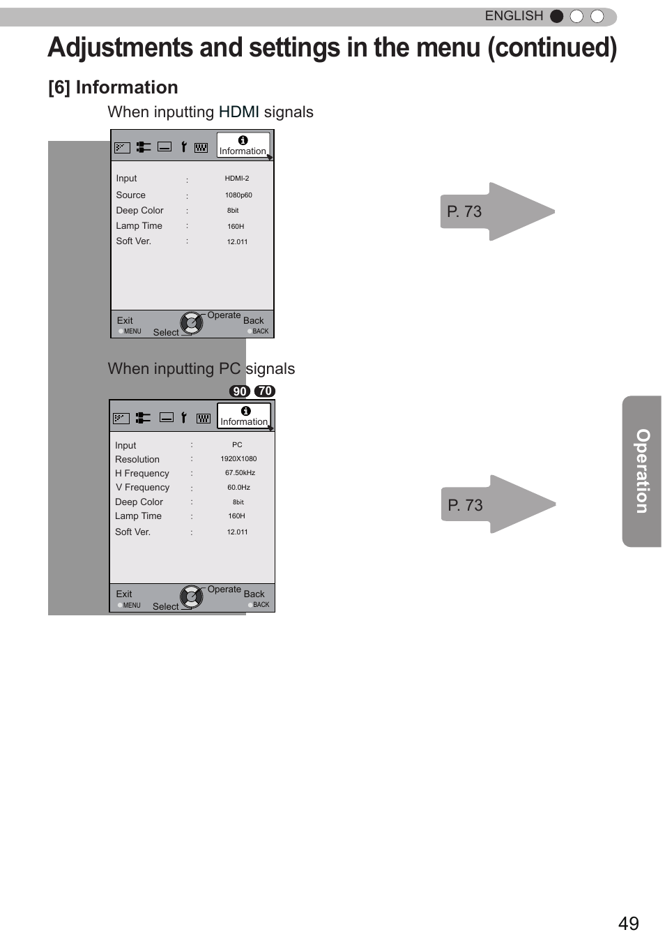 Adjustments and settings in the menu (continued), 6] information, Operation | English | JVC DLA-X90 User Manual | Page 49 / 289