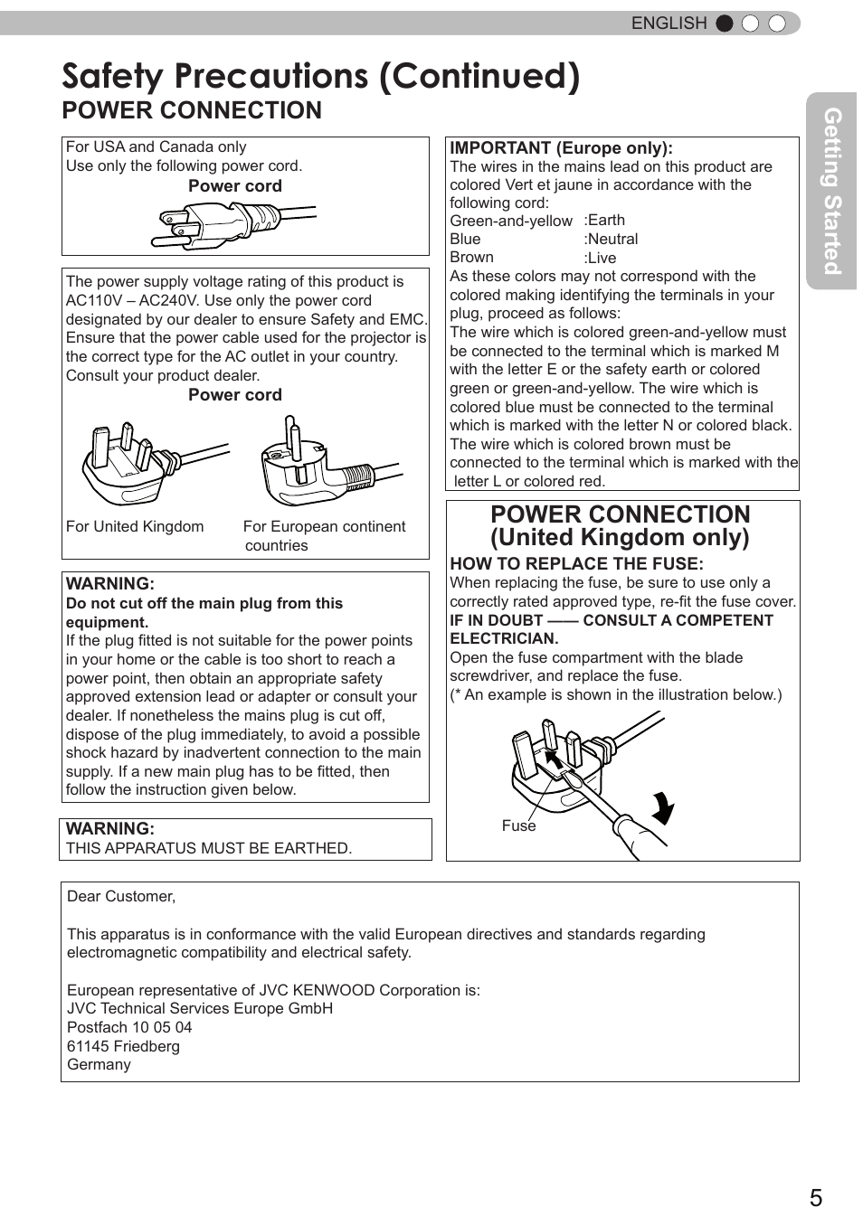 Safety precautions (continued), Power connection, Power connection (united kingdom only) | Getting started | JVC DLA-X90 User Manual | Page 5 / 289