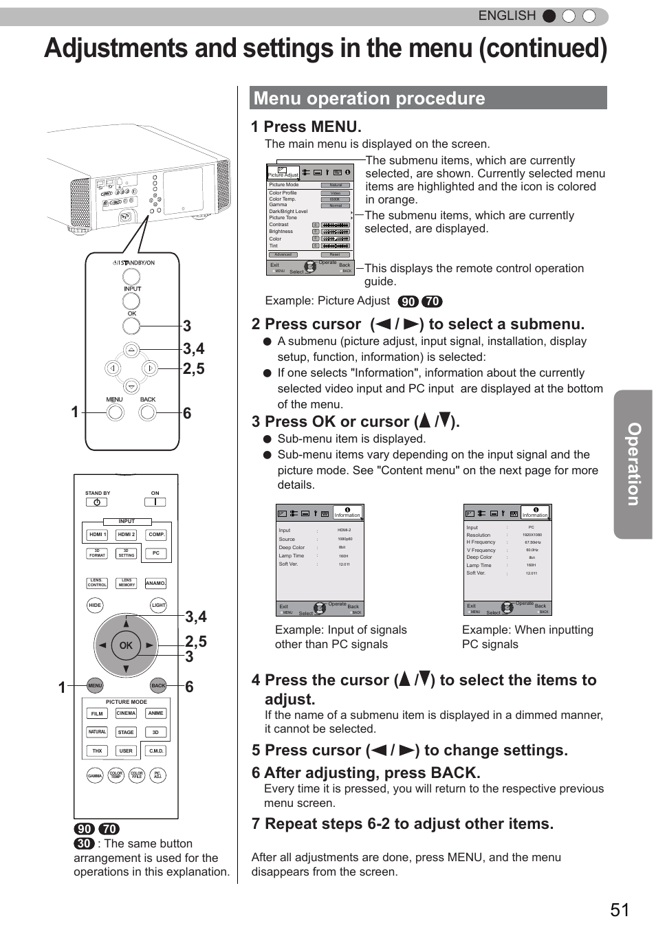 Adjustments and settings in the menu (continued), Menu operation procedure, Operation | 1 press menu, 2 press cursor ( / ) to select a submenu, 3 press ok or cursor ( / ), 7 repeat steps 6-2 to adjust other items, English, The main menu is displayed on the screen, Sub-menu item is displayed | JVC DLA-X90 User Manual | Page 51 / 289