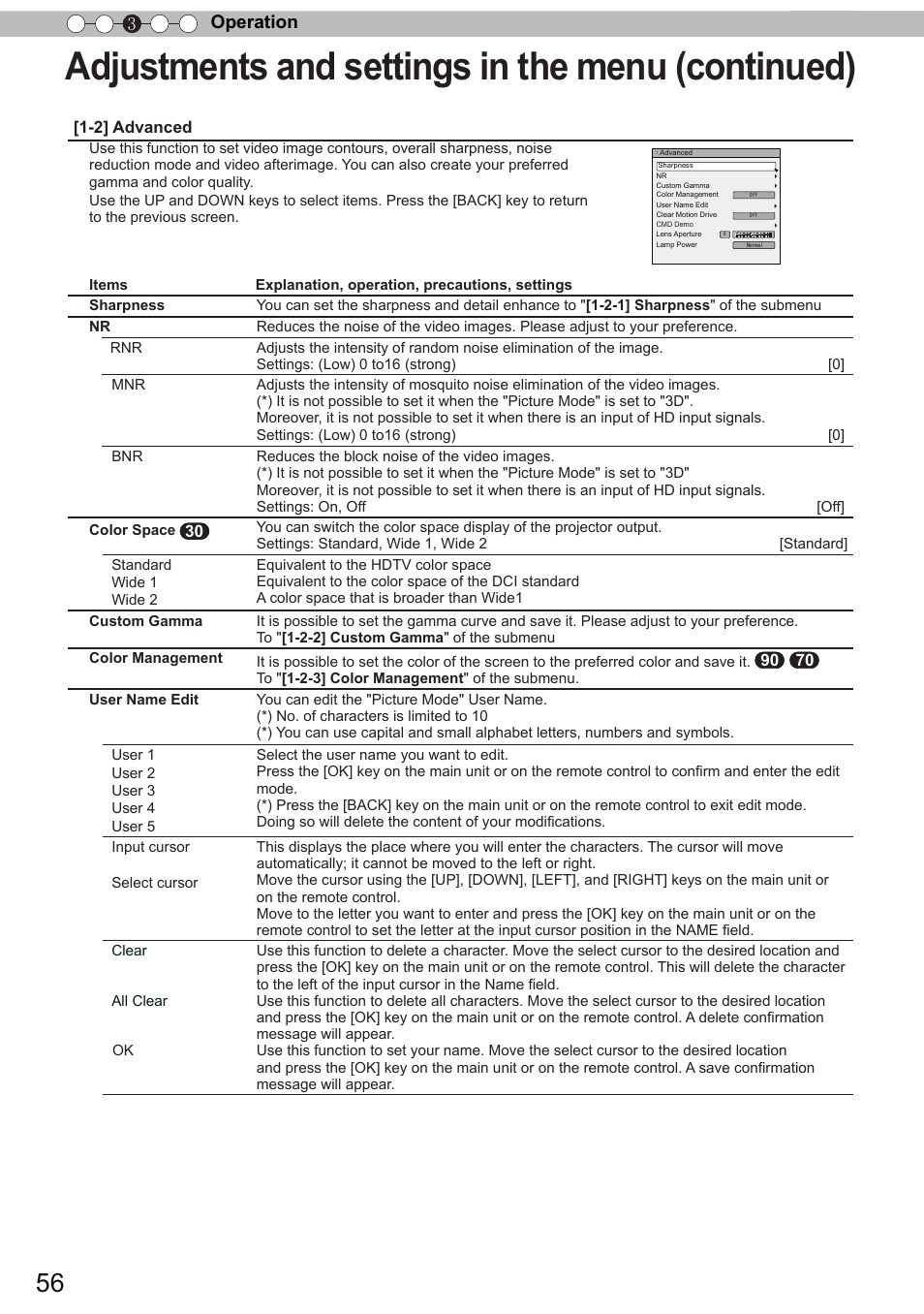 Adjustments and settings in the menu (continued), Operation 3 | JVC DLA-X90 User Manual | Page 56 / 289