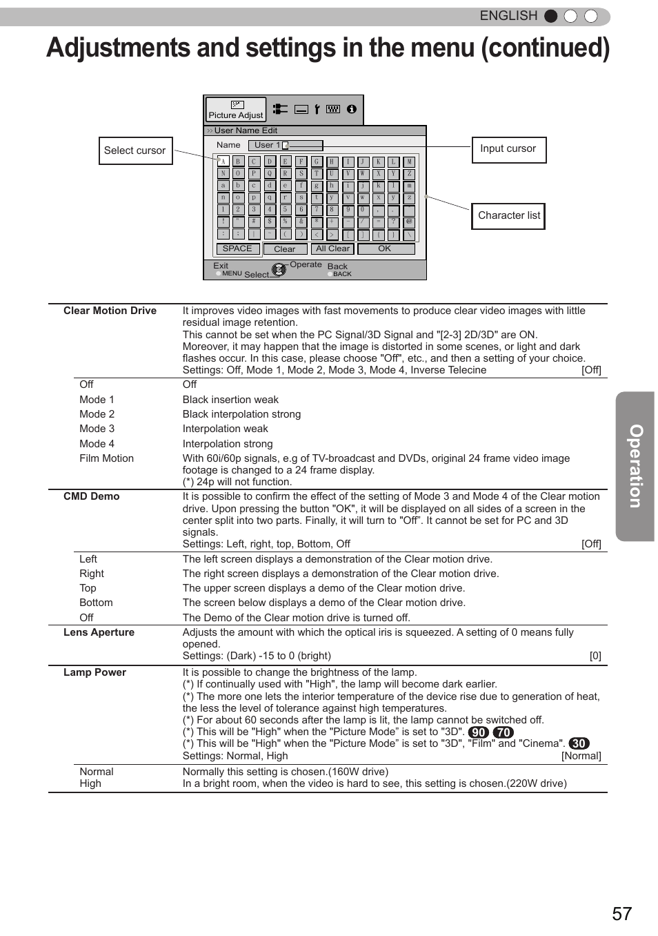 Adjustments and settings in the menu (continued), Operation, English | X7 30 | JVC DLA-X90 User Manual | Page 57 / 289