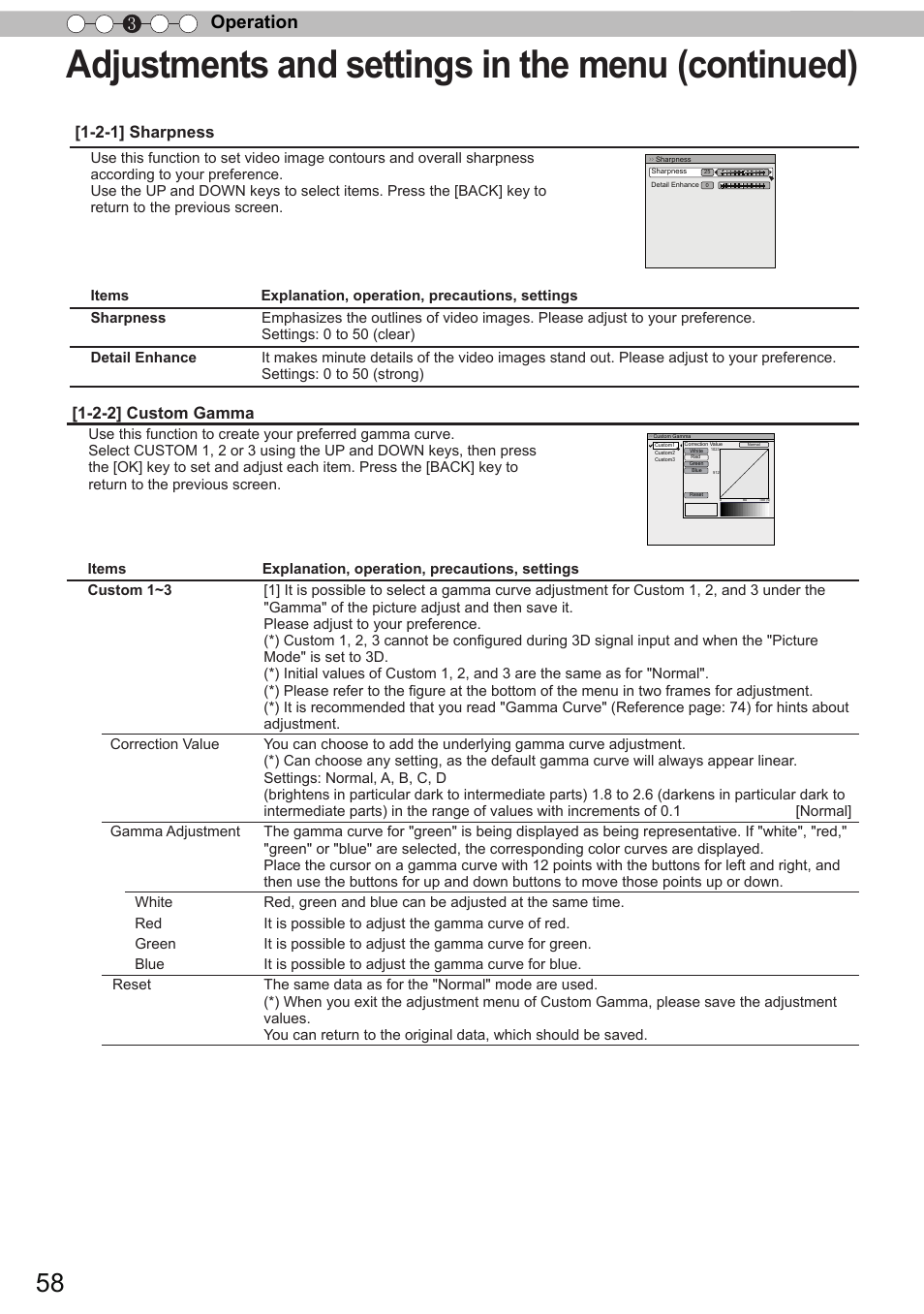 Adjustments and settings in the menu (continued), Operation 3, 2-2] custom gamma | 2-1] sharpness | JVC DLA-X90 User Manual | Page 58 / 289
