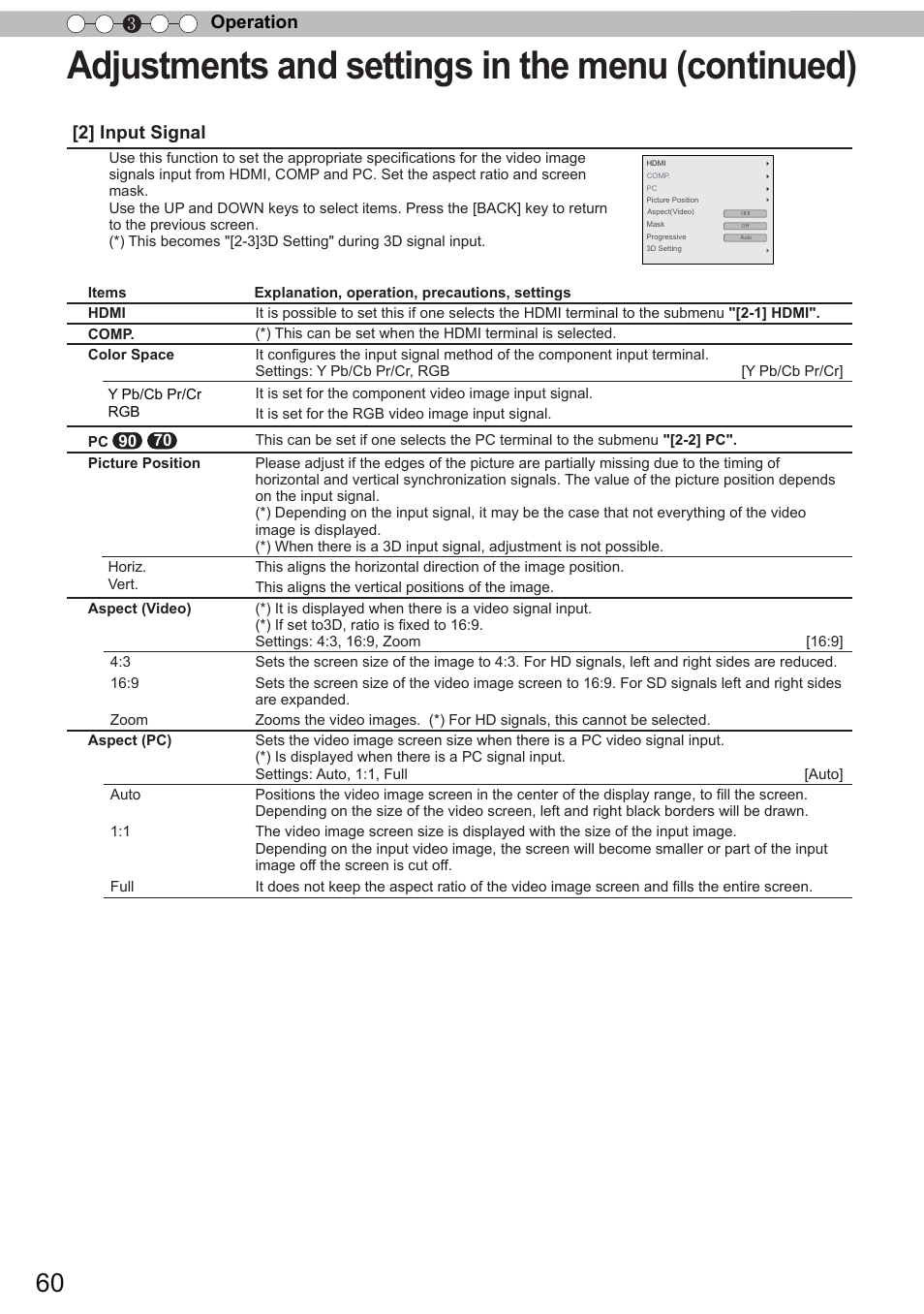 Adjustments and settings in the menu (continued), Operation 3, 2] input signal | JVC DLA-X90 User Manual | Page 60 / 289