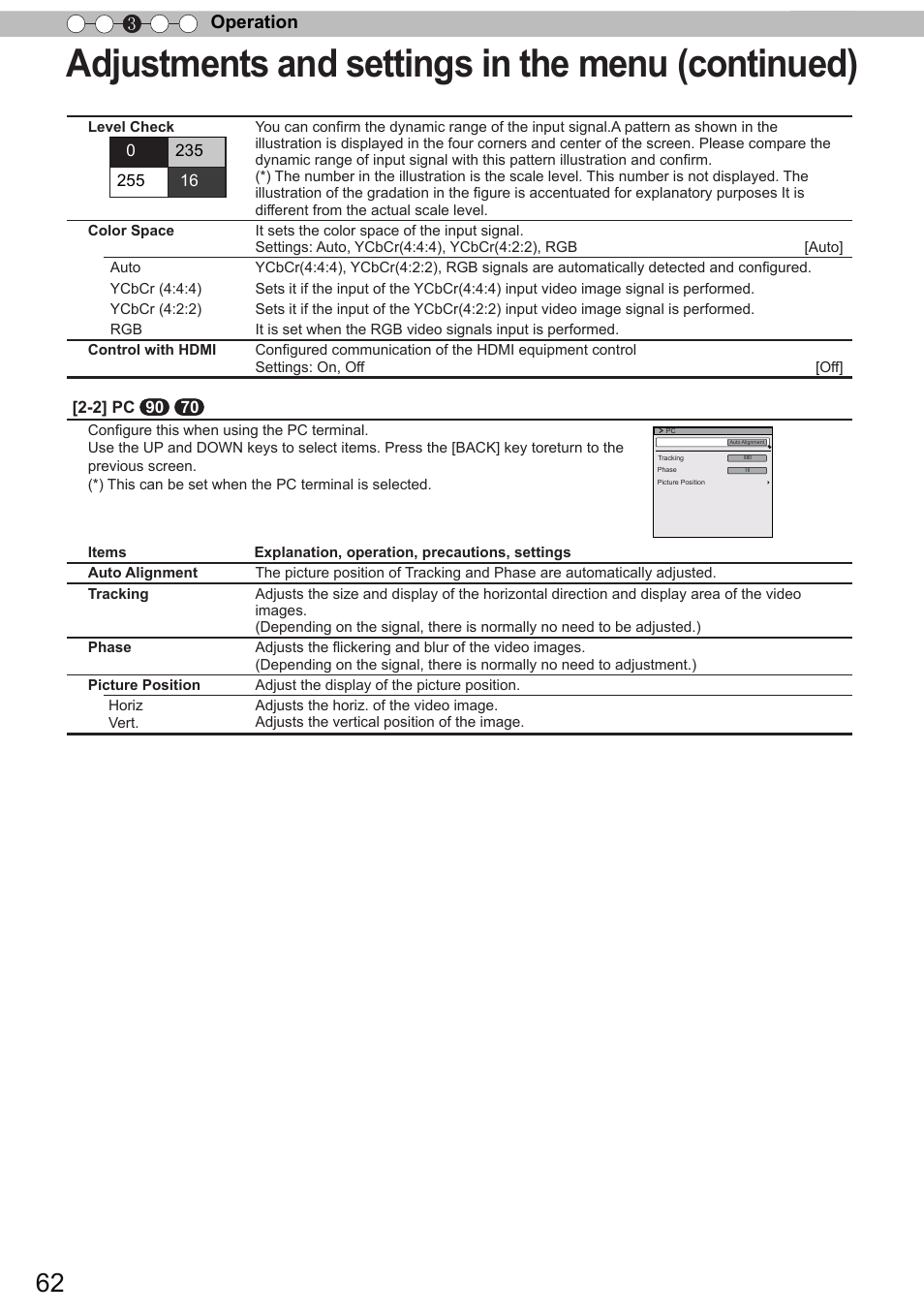 Adjustments and settings in the menu (continued), Operation 3 | JVC DLA-X90 User Manual | Page 62 / 289