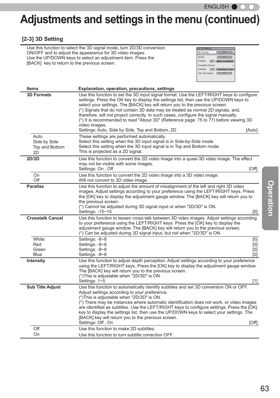 Adjustments and settings in the menu (continued), Operation, English [2-3] 3d setting | JVC DLA-X90 User Manual | Page 63 / 289