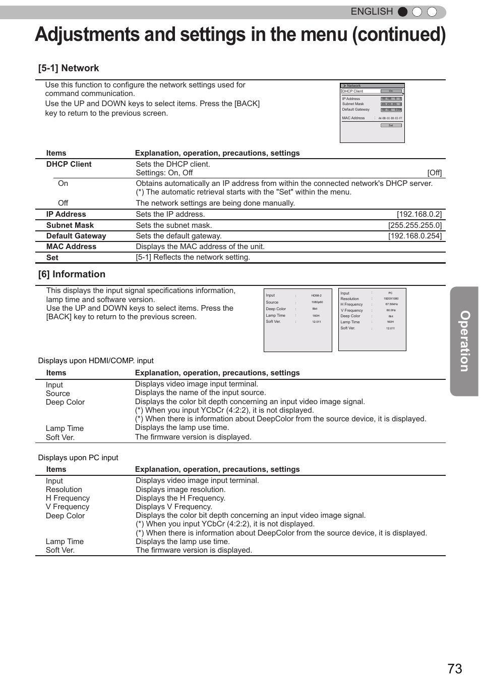Adjustments and settings in the menu (continued), Operation, English [5-1] network | 6] information | JVC DLA-X90 User Manual | Page 73 / 289
