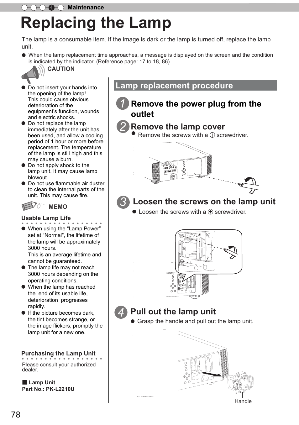 Replacing the lamp, Lamp replacement procedure, Pull out the lamp unit | Remove the power plug from the outlet | JVC DLA-X90 User Manual | Page 78 / 289