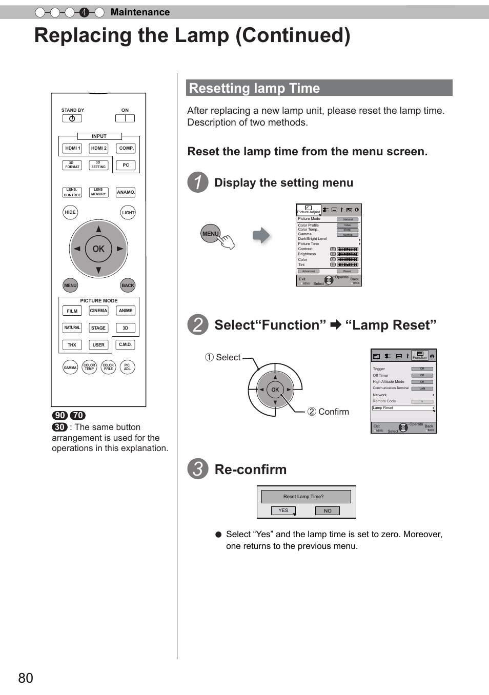 Replacing the lamp (continued), Resetting lamp time, Select“function” “lamp reset | Re-confirm, Reset the lamp time from the menu screen, Display the setting menu, Maintenance 4 | JVC DLA-X90 User Manual | Page 80 / 289