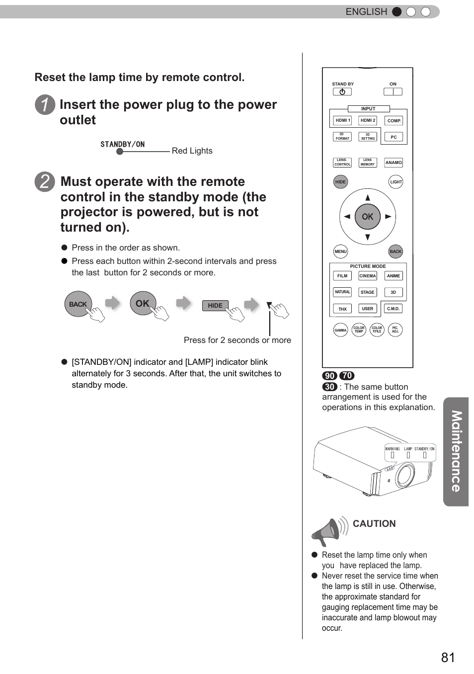 Main te na nc e, Insert the power plug to the power outlet, Reset the lamp time by remote control | English, Caution | JVC DLA-X90 User Manual | Page 81 / 289