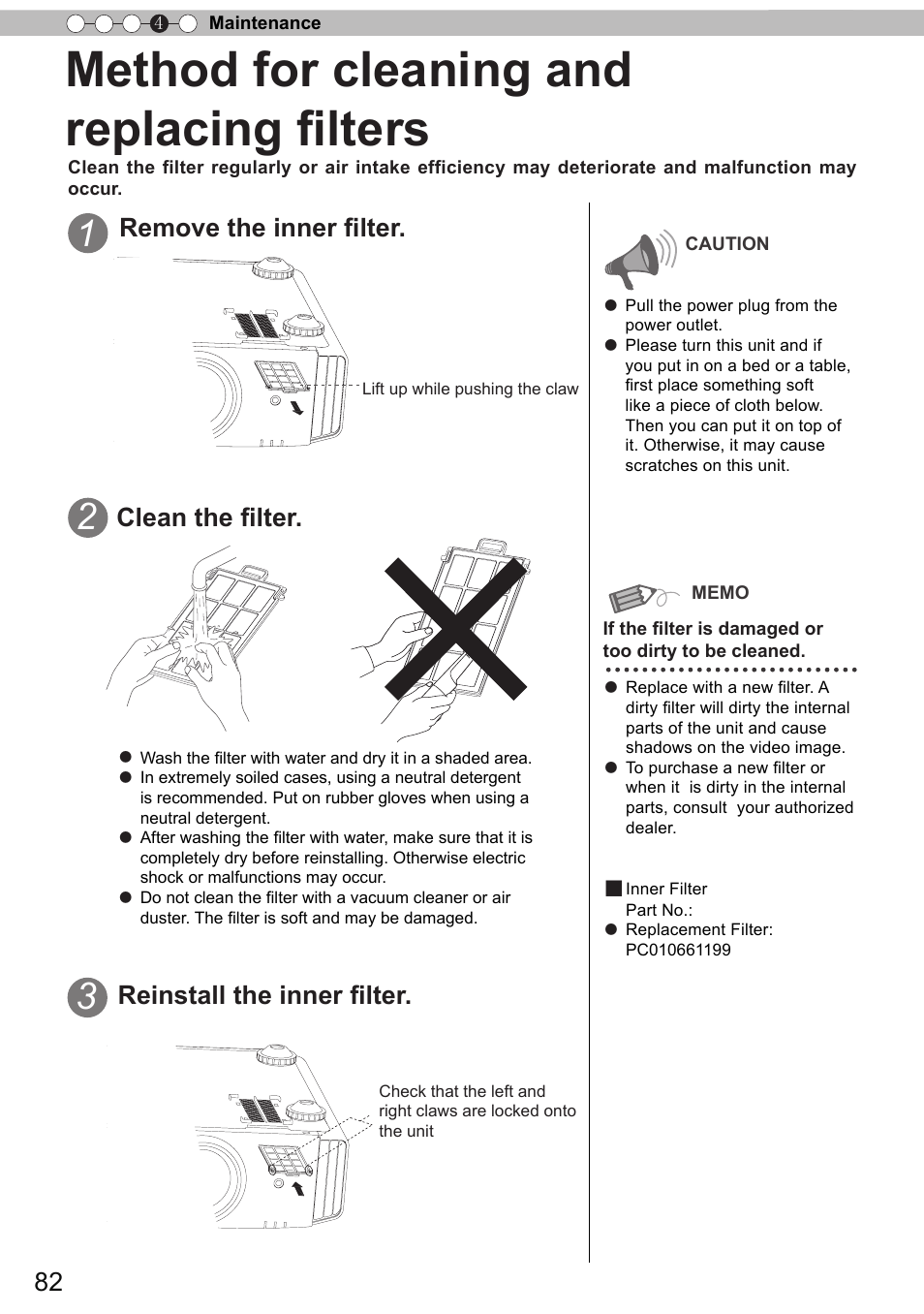Method for cleaning and replacing filters, Remove the inner filter, Clean the filter | Reinstall the inner filter | JVC DLA-X90 User Manual | Page 82 / 289