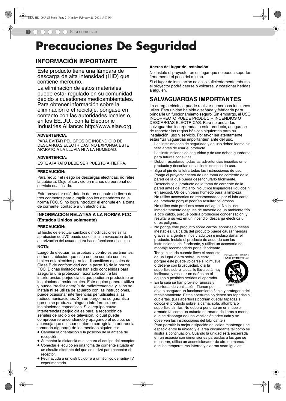 Para comenzar, Precauciones de seguridad, Información importante | Salvaguardas importantes | JVC DLA-HD100 User Manual | Page 110 / 162