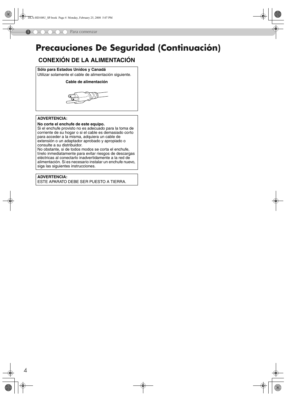 Precauciones de seguridad (continuación), Conexión de la alimentación | JVC DLA-HD100 User Manual | Page 112 / 162